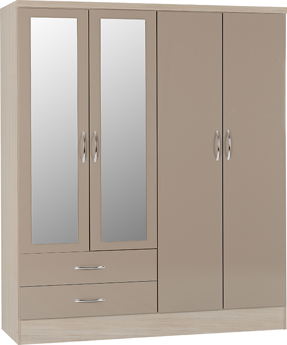 Nevada 4 Door 2 Drawer Mirrored Wardrobe In Oyster Gloss